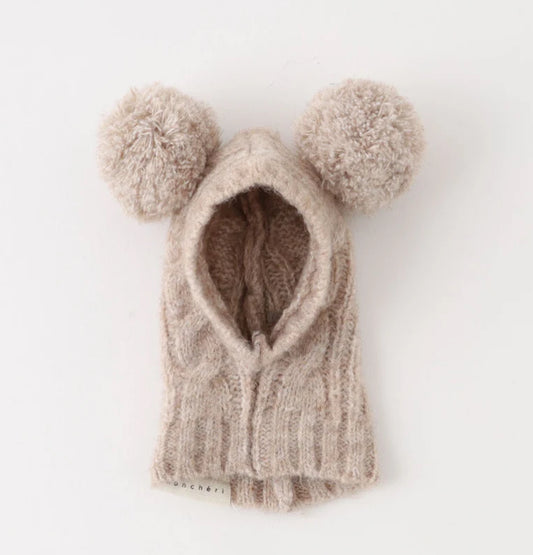 Bear Ear Pom Pom Cable Knit Hat